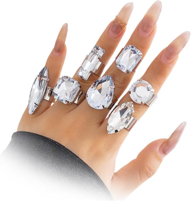 Uarein Chunky 7Pcs Silver Crystal Knuckle Rings Set Geometric Rhinestone Waterdrop Open Rings Stackable CZ Circle Square Finger Rings Jewelry Set for Women - Image 1